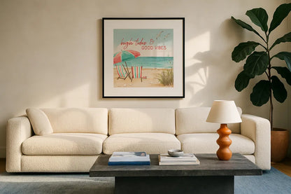 Beach Time II by Janelle Penner. Displayed in a glass frame with matte in a clean modern living room. Available as an archival giclee rolled canvas, fine art paper, or poster print. SKU 44258a.