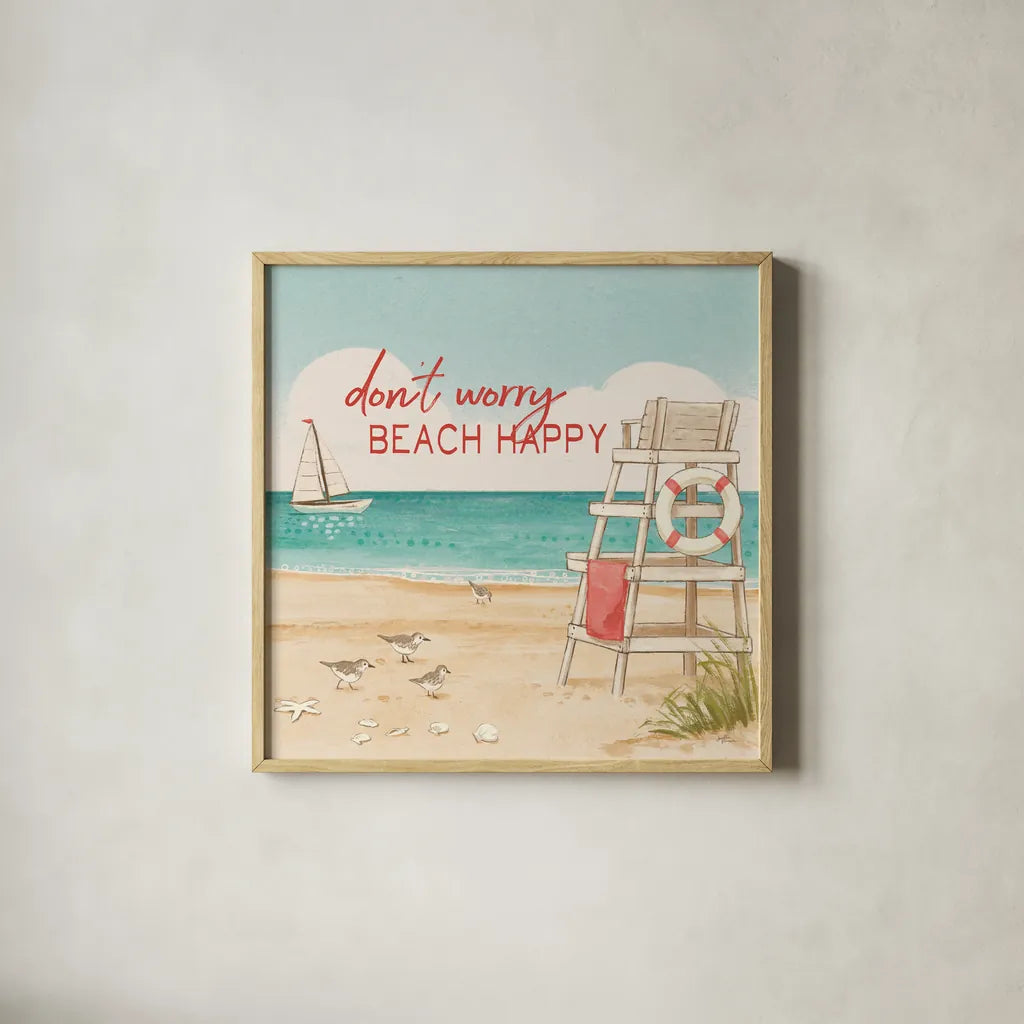 Beach Time III by Janelle Penner. Shown in a natural wood glass frame for a timeless modern aesthetic. Available as an archival giclee rolled canvas, fine art paper, or poster print. SKU 44259a.