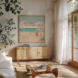 Beach Time III by Janelle Penner. Shown in a natural wood frame in a cozy modern living room. Available as an archival giclee rolled canvas, fine art paper, or poster print. SKU 44259a.