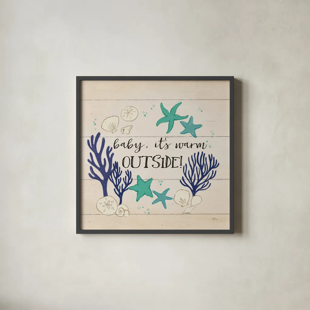 Beach Time IV Warm Outside by Janelle Penner. Shown in a sleek black glass frame for a contemporary gallery look. Available as an archival giclee rolled canvas, fine art paper, or poster print. SKU 47617a.