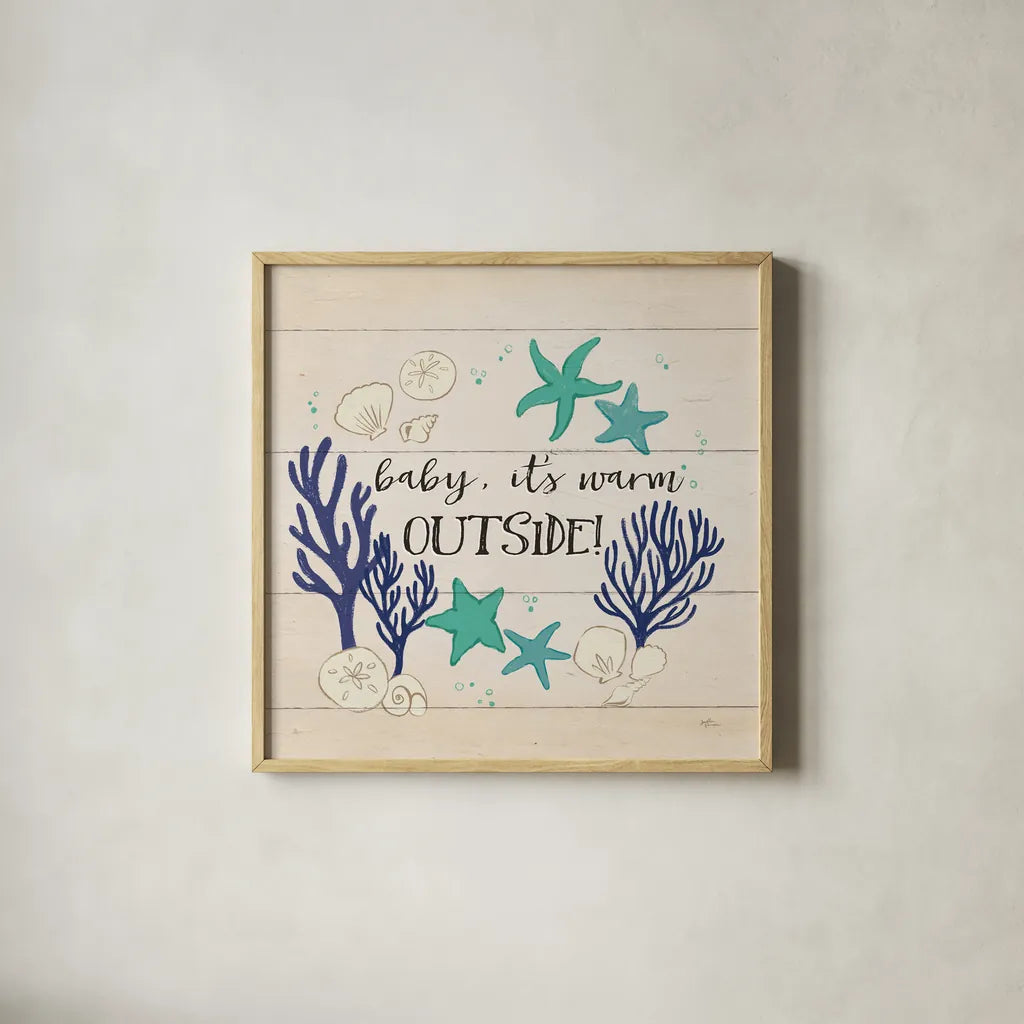 Beach Time IV Warm Outside by Janelle Penner. Shown in a natural wood glass frame for a timeless modern aesthetic. Available as an archival giclee rolled canvas, fine art paper, or poster print. SKU 47617a.