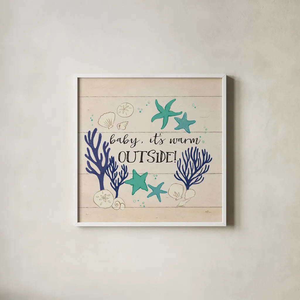 Beach Time IV Warm Outside by Janelle Penner. Shown in a crisp white glass frame for a clean and minimalist style. Available as an archival giclee rolled canvas, fine art paper, or poster print. SKU 47617a.