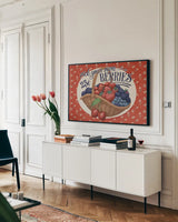 Berry Breeze I by Janelle Penner. shown as a framed stretched canvas in a living room above a console. Available as a archival giclee rolled canvas, fine art paper, or poster print. SKU 73438i.