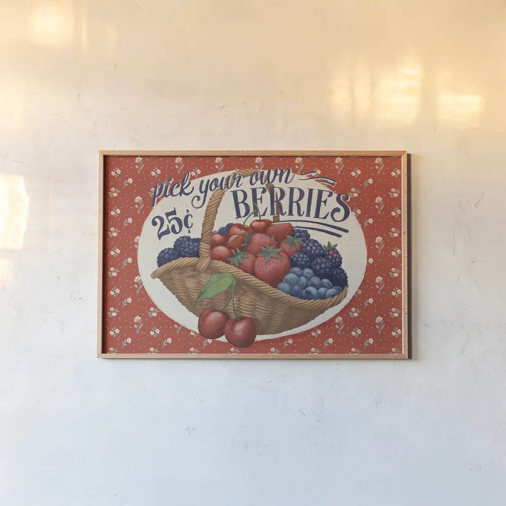 Berry Breeze I by Janelle Penner. shown as a paper print in a natural frame. Available as a archival giclee rolled canvas, fine art paper, or poster print. SKU 73438i.