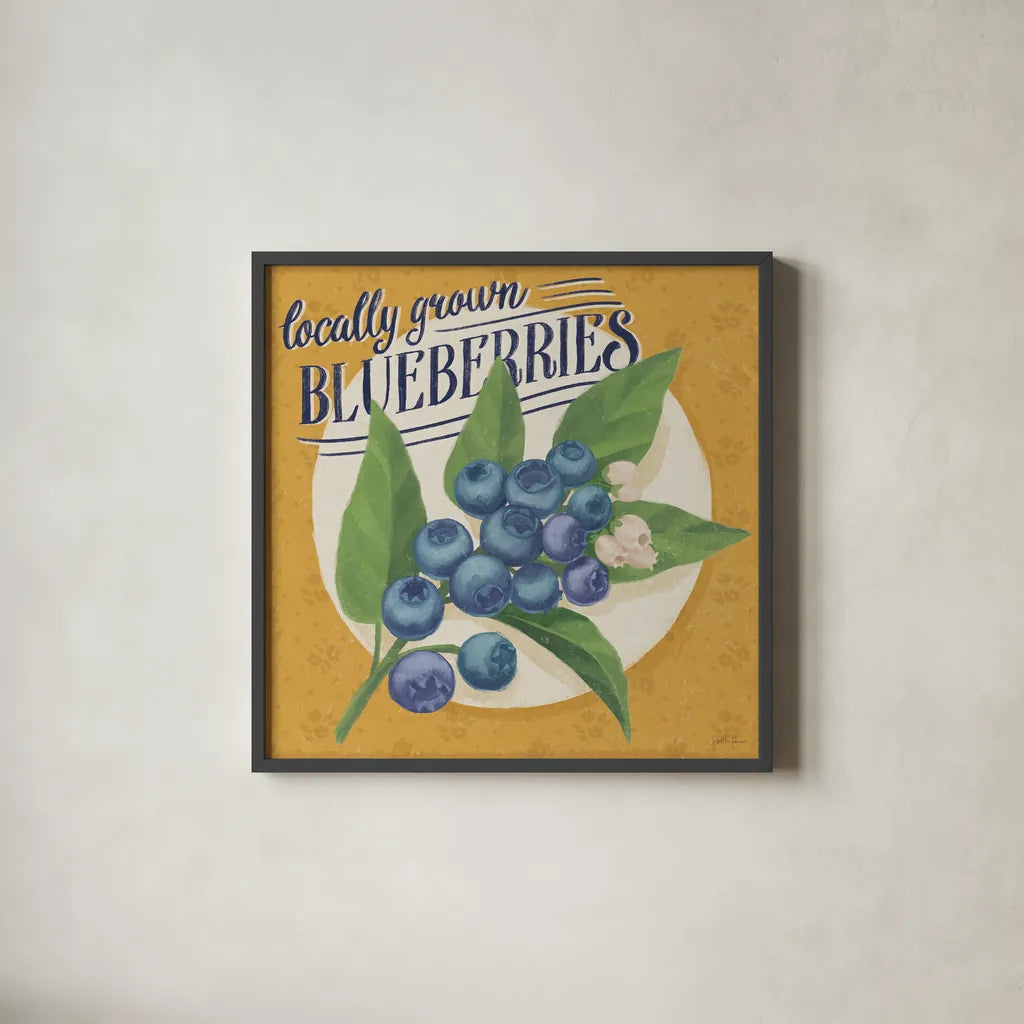 Berry Breeze II by Janelle Penner. Shown in a sleek black glass frame for a contemporary gallery look. Available as an archival giclee rolled canvas, fine art paper, or poster print. SKU 73439a.