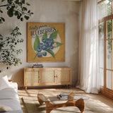 Berry Breeze II by Janelle Penner. Shown in a natural wood frame in a cozy modern living room. Available as an archival giclee rolled canvas, fine art paper, or poster print. SKU 73439a.