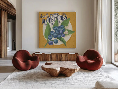 Berry Breeze II by Janelle Penner. Shown as extra-large giant wall art in a modern living room. Available as an archival giclee rolled canvas, fine art paper, or poster print. SKU 73439a.