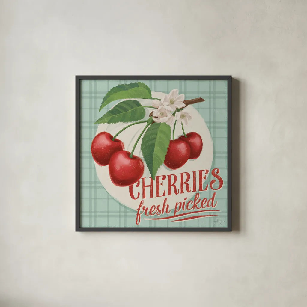 Berry Breeze III by Janelle Penner. Shown in a sleek black glass frame for a contemporary gallery look. Available as an archival giclee rolled canvas, fine art paper, or poster print. SKU 73440a.