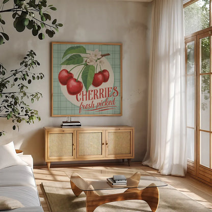 Berry Breeze III by Janelle Penner. Shown in a natural wood frame in a cozy modern living room. Available as an archival giclee rolled canvas, fine art paper, or poster print. SKU 73440a.