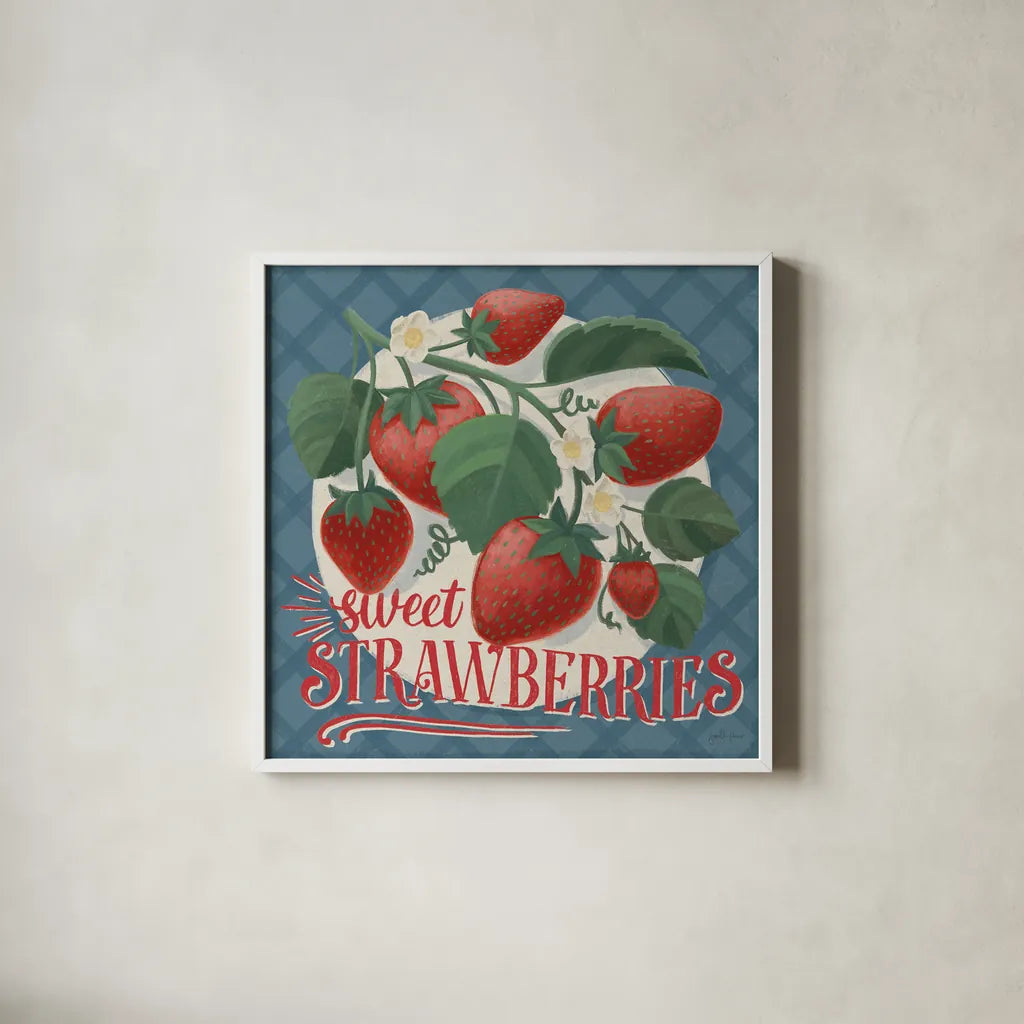 Berry Breeze IV by Janelle Penner. Shown in a crisp white glass frame for a clean and minimalist style. Available as an archival giclee rolled canvas, fine art paper, or poster print. SKU 73441a.