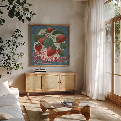 Berry Breeze IV by Janelle Penner. Shown in a natural wood frame in a cozy modern living room. Available as an archival giclee rolled canvas, fine art paper, or poster print. SKU 73441a.