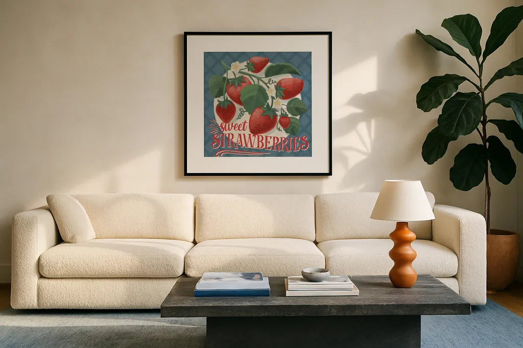 Berry Breeze IV by Janelle Penner. Displayed in a glass frame with matte in a clean modern living room. Available as an archival giclee rolled canvas, fine art paper, or poster print. SKU 73441a.