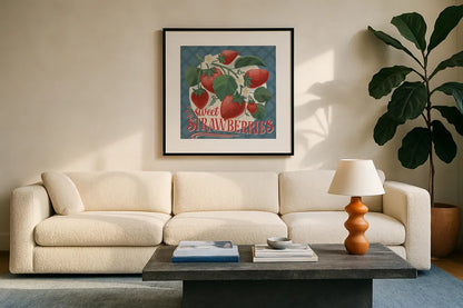 Berry Breeze IV by Janelle Penner. Displayed in a glass frame with matte in a clean modern living room. Available as an archival giclee rolled canvas, fine art paper, or poster print. SKU 73441a.