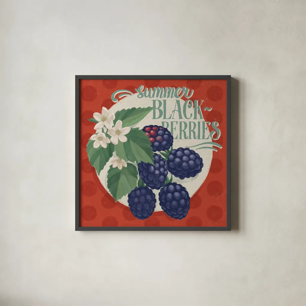Berry Breeze V by Janelle Penner. Shown in a sleek black glass frame for a contemporary gallery look. Available as an archival giclee rolled canvas, fine art paper, or poster print. SKU 73442a.