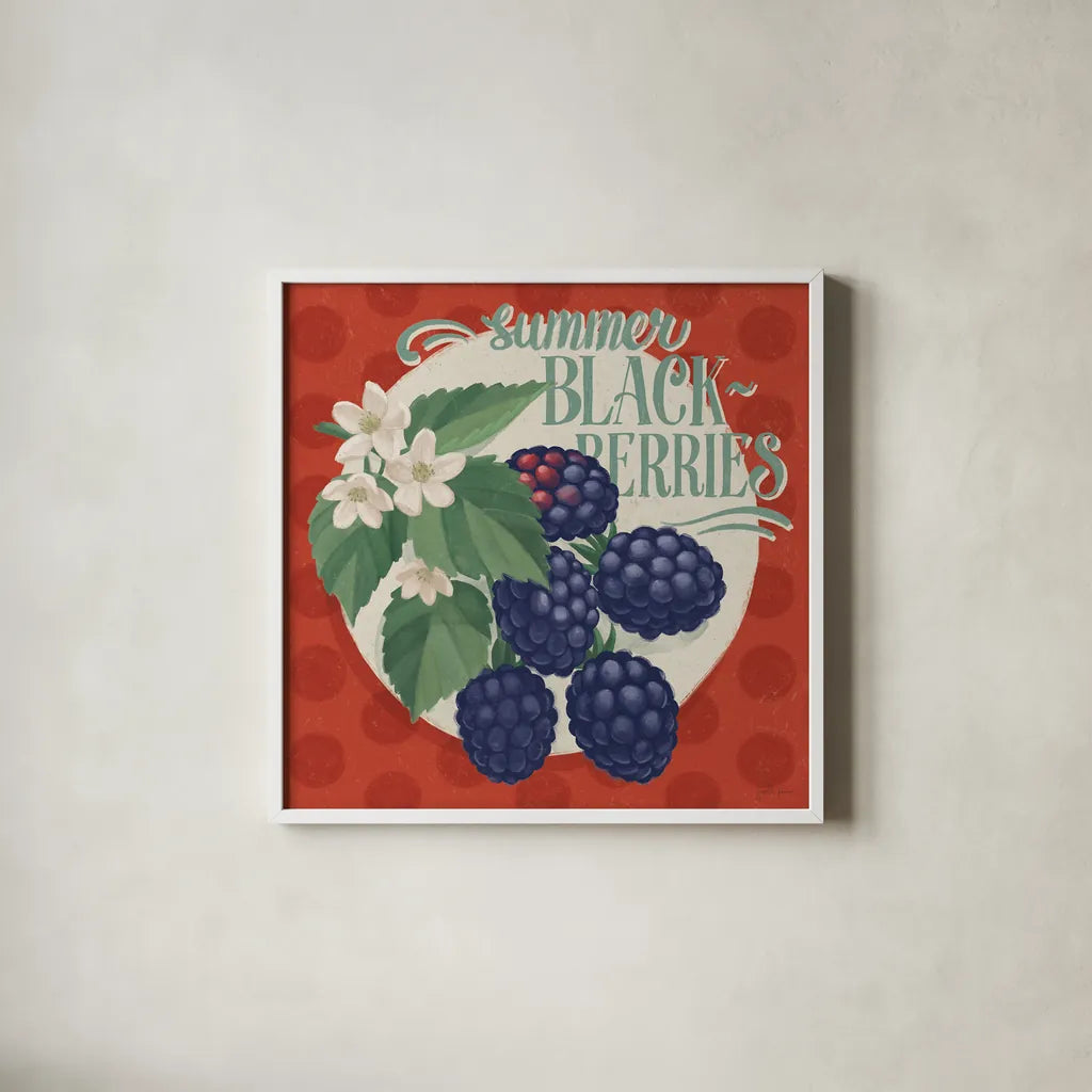 Berry Breeze V by Janelle Penner. Shown in a crisp white glass frame for a clean and minimalist style. Available as an archival giclee rolled canvas, fine art paper, or poster print. SKU 73442a.