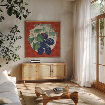 Berry Breeze V by Janelle Penner. Shown in a natural wood frame in a cozy modern living room. Available as an archival giclee rolled canvas, fine art paper, or poster print. SKU 73442a.