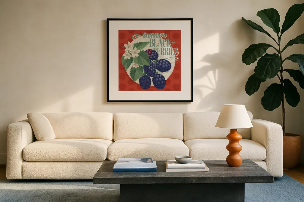 Berry Breeze V by Janelle Penner. Displayed in a glass frame with matte in a clean modern living room. Available as an archival giclee rolled canvas, fine art paper, or poster print. SKU 73442a.