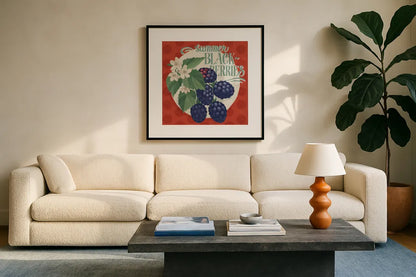 Berry Breeze V by Janelle Penner. Displayed in a glass frame with matte in a clean modern living room. Available as an archival giclee rolled canvas, fine art paper, or poster print. SKU 73442a.