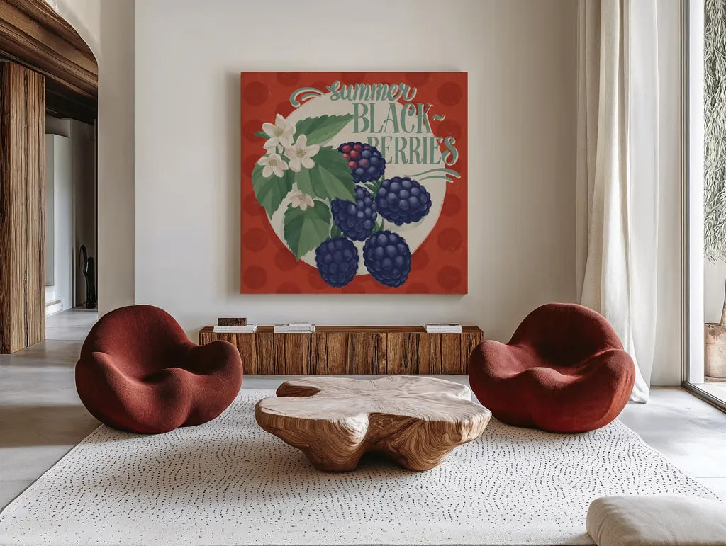 Berry Breeze V by Janelle Penner. Shown as extra-large giant wall art in a modern living room. Available as an archival giclee rolled canvas, fine art paper, or poster print. SKU 73442a.