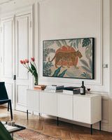 Big Cat Beauty I by Janelle Penner. shown as a framed stretched canvas in a living room above a console. Available as a archival giclee rolled canvas, fine art paper, or poster print. SKU 64882i.
