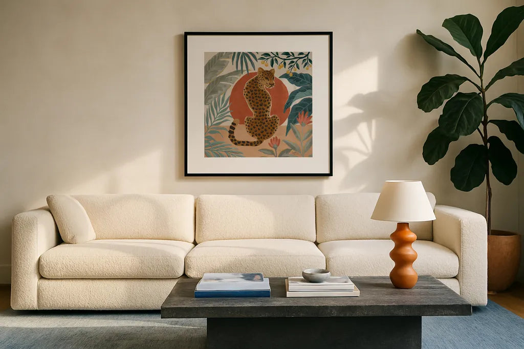 Big Cat Beauty II by Janelle Penner. Displayed in a glass frame with matte in a clean modern living room. Available as an archival giclee rolled canvas, fine art paper, or poster print. SKU 64883a.