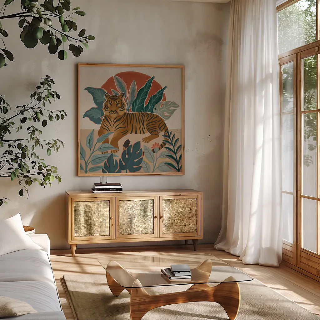 Big Cat Beauty III by Janelle Penner. Shown in a natural wood frame in a cozy modern living room. Available as an archival giclee rolled canvas, fine art paper, or poster print. SKU 64884a.