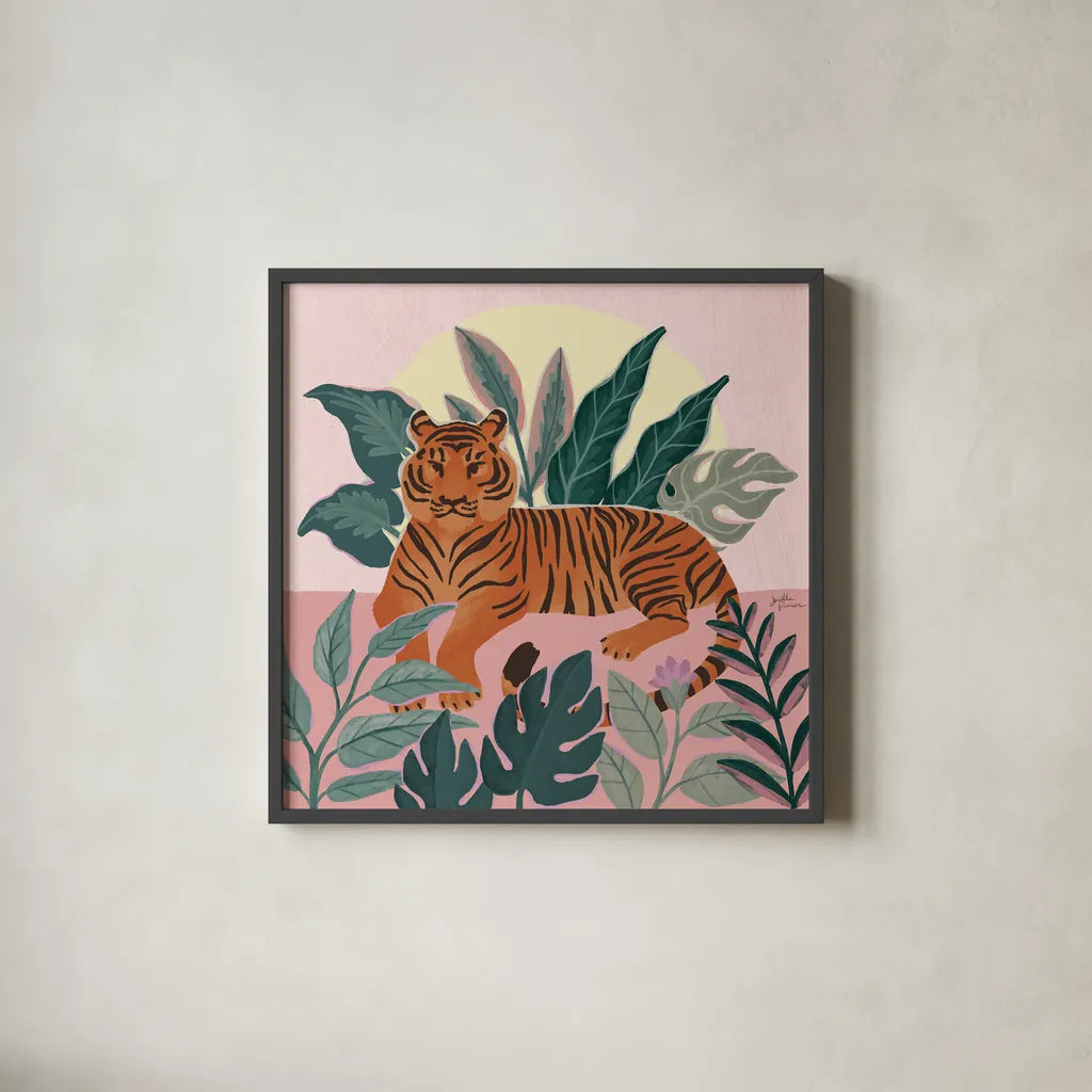 Big Cat Beauty III Pink by Janelle Penner. Shown in a sleek black glass frame for a contemporary gallery look. Available as an archival giclee rolled canvas, fine art paper, or poster print. SKU 87837a.