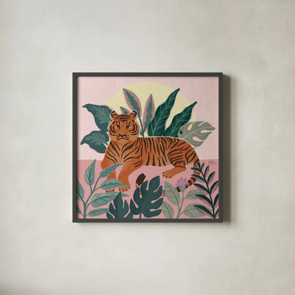 Big Cat Beauty III Pink by Janelle Penner. Shown in a sleek black glass frame for a contemporary gallery look. Available as an archival giclee rolled canvas, fine art paper, or poster print. SKU 87837a.