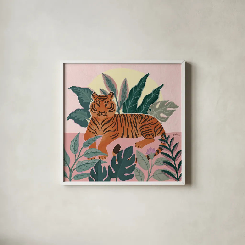 Big Cat Beauty III Pink by Janelle Penner. Shown in a crisp white glass frame for a clean and minimalist style. Available as an archival giclee rolled canvas, fine art paper, or poster print. SKU 87837a.