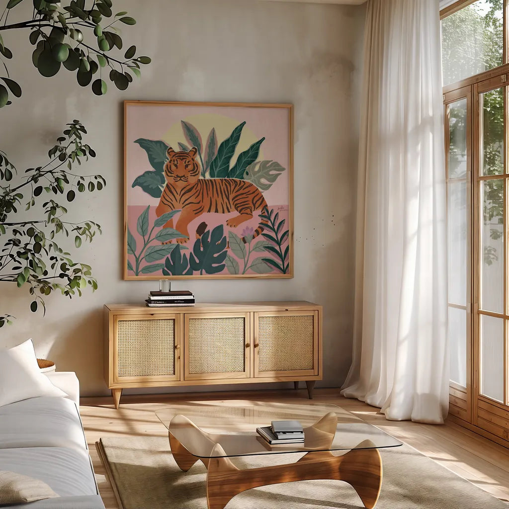 Big Cat Beauty III Pink by Janelle Penner. Shown in a natural wood frame in a cozy modern living room. Available as an archival giclee rolled canvas, fine art paper, or poster print. SKU 87837a.