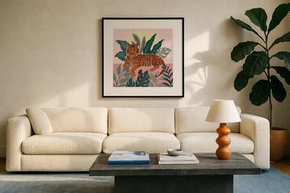Big Cat Beauty III Pink by Janelle Penner. Displayed in a glass frame with matte in a clean modern living room. Available as an archival giclee rolled canvas, fine art paper, or poster print. SKU 87837a.