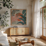 Big Cat Beauty IV by Janelle Penner. Shown in a natural wood frame in a cozy modern living room. Available as an archival giclee rolled canvas, fine art paper, or poster print. SKU 64885a.