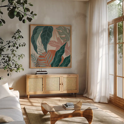 Big Cat Beauty V by Janelle Penner. Shown in a natural wood frame in a cozy modern living room. Available as an archival giclee rolled canvas, fine art paper, or poster print. SKU 64886a.