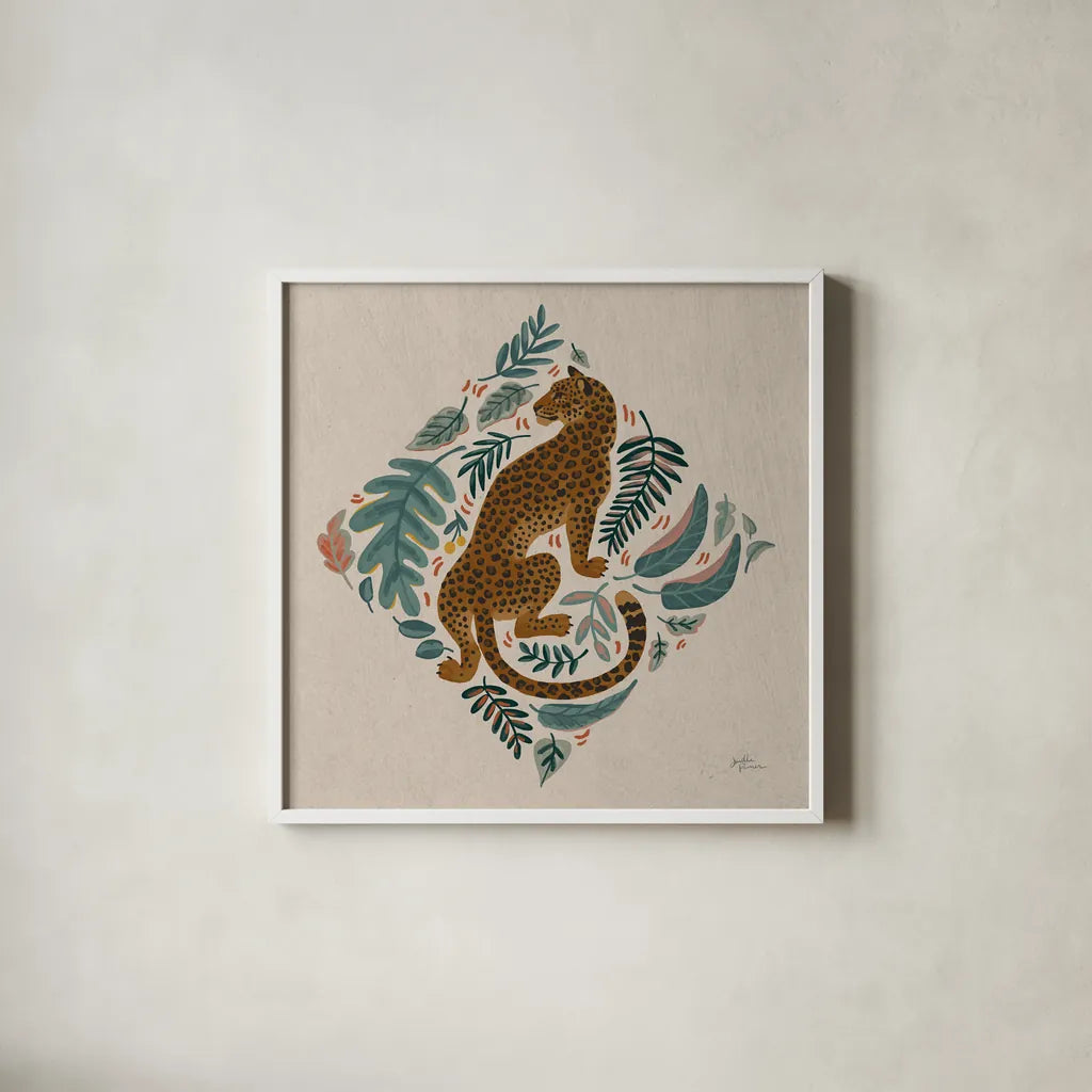 Big Cat Beauty VI by Janelle Penner. Shown in a crisp white glass frame for a clean and minimalist style. Available as an archival giclee rolled canvas, fine art paper, or poster print. SKU 64887a.