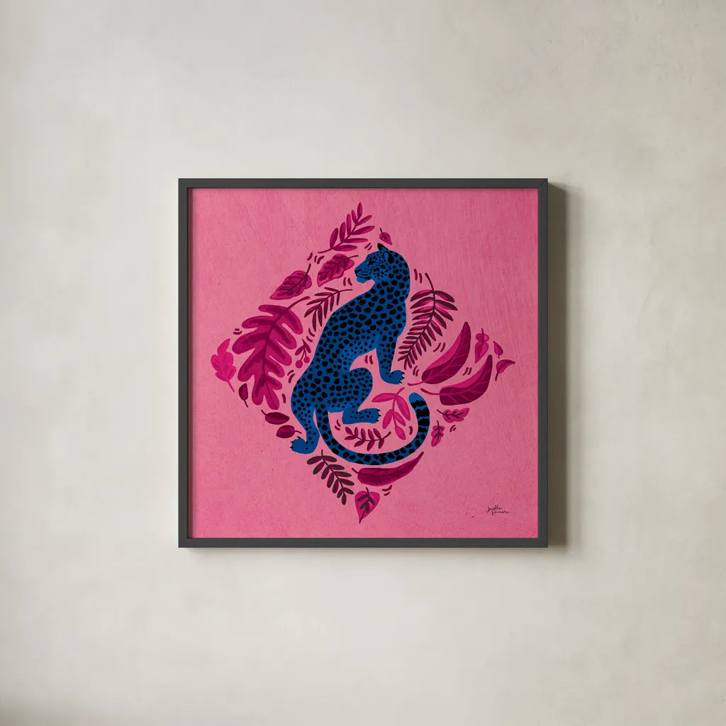 Big Cat Beauty VI Bright by Janelle Penner. Shown in a sleek black glass frame for a contemporary gallery look. Available as an archival giclee rolled canvas, fine art paper, or poster print. SKU 89197a.