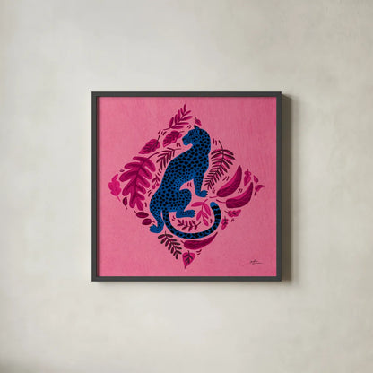 Big Cat Beauty VI Bright by Janelle Penner. Shown in a sleek black glass frame for a contemporary gallery look. Available as an archival giclee rolled canvas, fine art paper, or poster print. SKU 89197a.