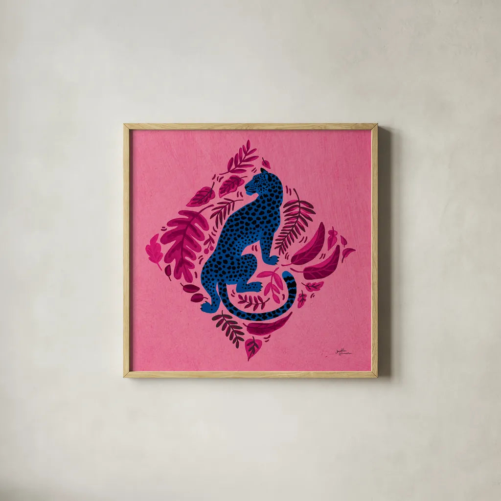 Big Cat Beauty VI Bright by Janelle Penner. Shown in a natural wood glass frame for a timeless modern aesthetic. Available as an archival giclee rolled canvas, fine art paper, or poster print. SKU 89197a.