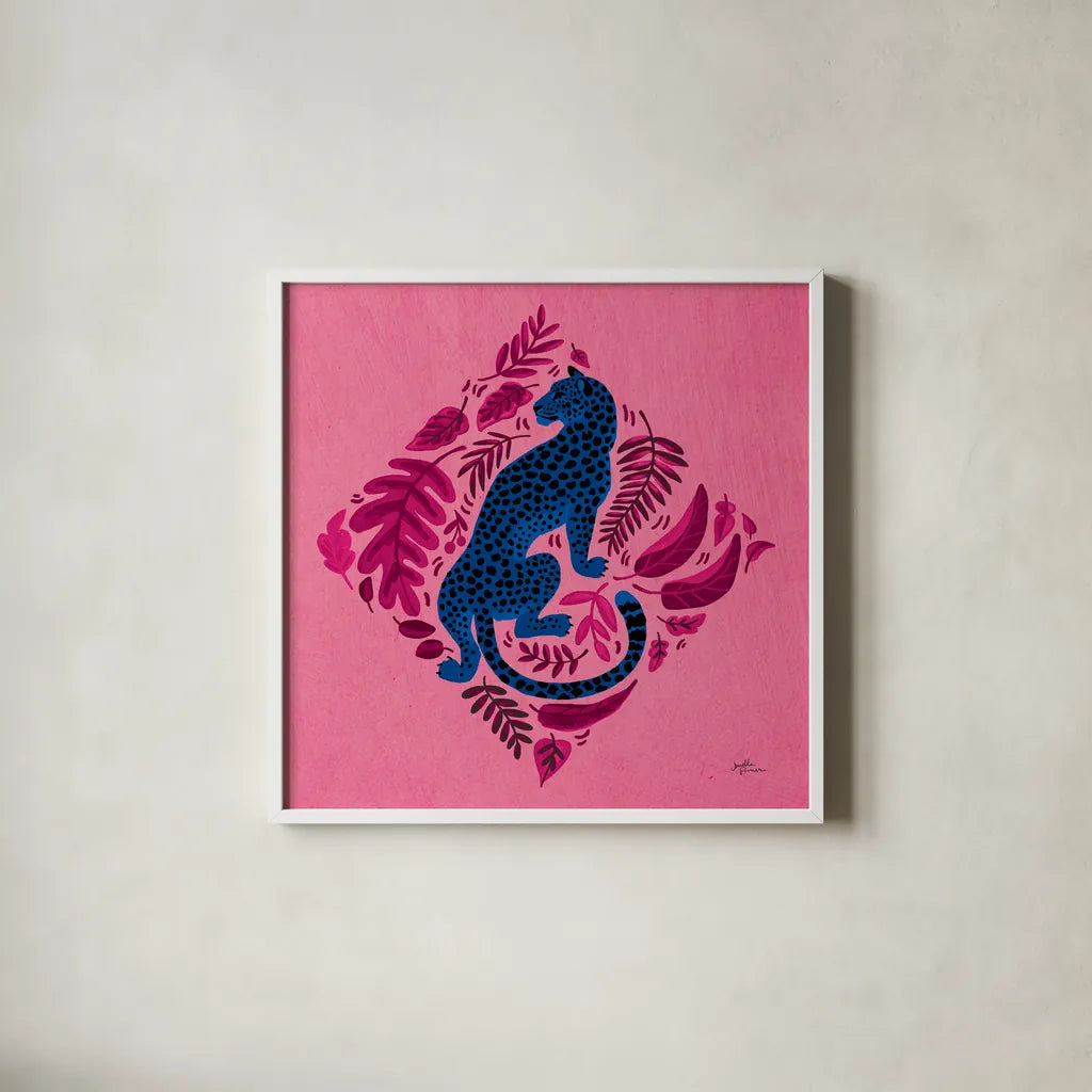 Big Cat Beauty VI Bright by Janelle Penner. Shown in a crisp white glass frame for a clean and minimalist style. Available as an archival giclee rolled canvas, fine art paper, or poster print. SKU 89197a.