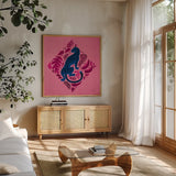 Big Cat Beauty VI Bright by Janelle Penner. Shown in a natural wood frame in a cozy modern living room. Available as an archival giclee rolled canvas, fine art paper, or poster print. SKU 89197a.