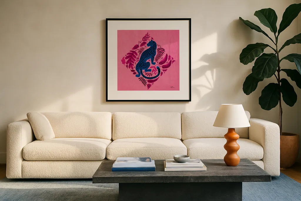 Big Cat Beauty VI Bright by Janelle Penner. Displayed in a glass frame with matte in a clean modern living room. Available as an archival giclee rolled canvas, fine art paper, or poster print. SKU 89197a.