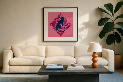 Big Cat Beauty VI Bright by Janelle Penner. Displayed in a glass frame with matte in a clean modern living room. Available as an archival giclee rolled canvas, fine art paper, or poster print. SKU 89197a.