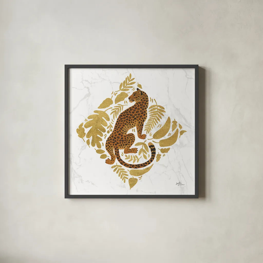 Big Cat Beauty VI Gold by Janelle Penner. Shown in a sleek black glass frame for a contemporary gallery look. Available as an archival giclee rolled canvas, fine art paper, or poster print. SKU 68991a.