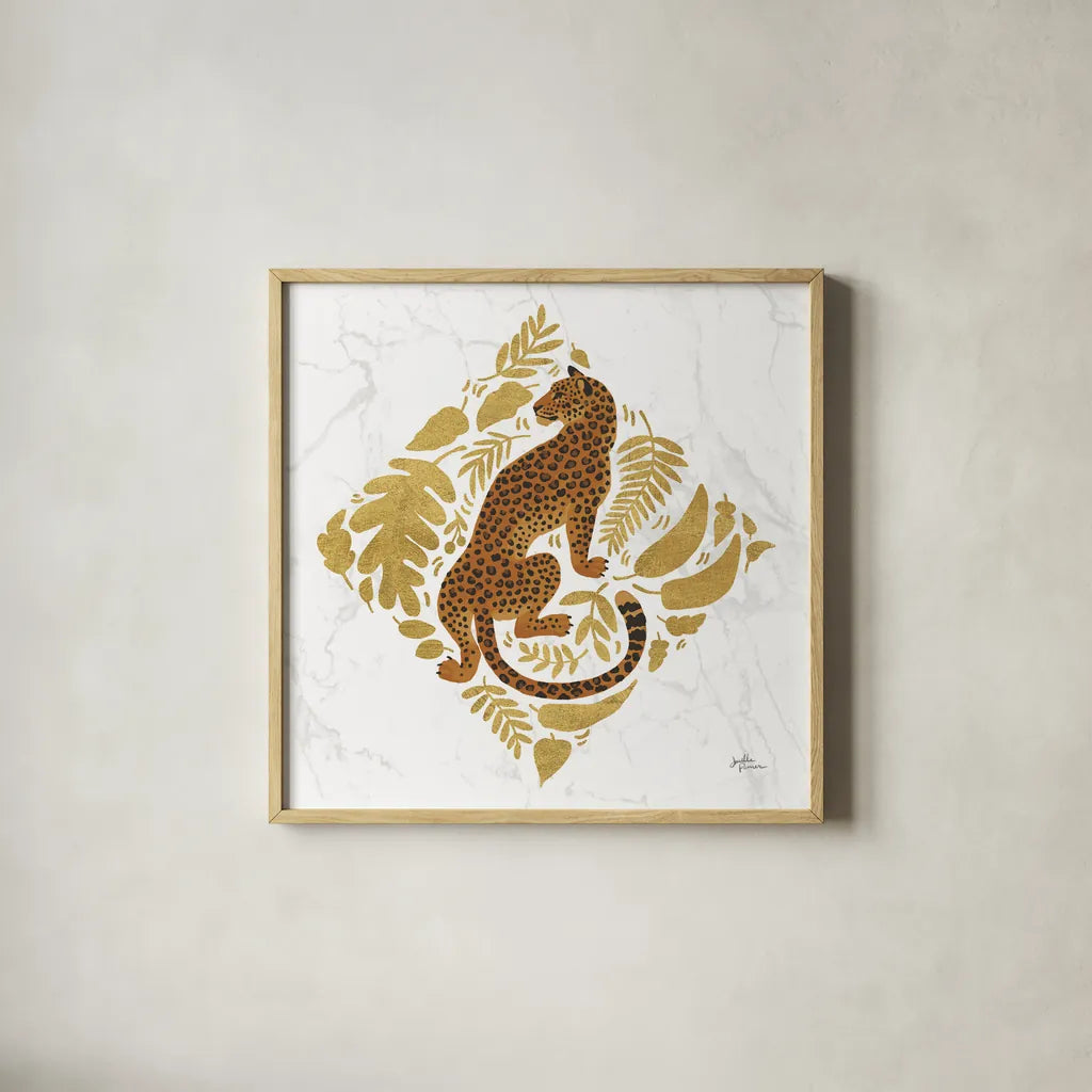 Big Cat Beauty VI Gold by Janelle Penner. Shown in a natural wood glass frame for a timeless modern aesthetic. Available as an archival giclee rolled canvas, fine art paper, or poster print. SKU 68991a.