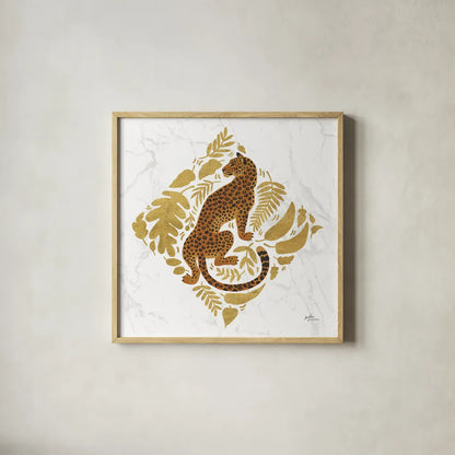 Big Cat Beauty VI Gold by Janelle Penner. Shown in a natural wood glass frame for a timeless modern aesthetic. Available as an archival giclee rolled canvas, fine art paper, or poster print. SKU 68991a.