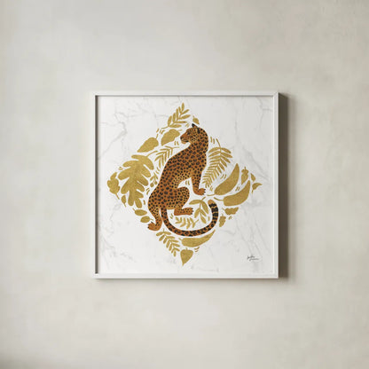 Big Cat Beauty VI Gold by Janelle Penner. Shown in a crisp white glass frame for a clean and minimalist style. Available as an archival giclee rolled canvas, fine art paper, or poster print. SKU 68991a.