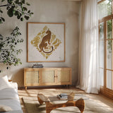 Big Cat Beauty VI Gold by Janelle Penner. Shown in a natural wood frame in a cozy modern living room. Available as an archival giclee rolled canvas, fine art paper, or poster print. SKU 68991a.