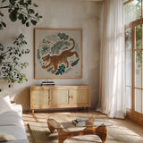 Big Cat Beauty VII by Janelle Penner. Shown in a natural wood frame in a cozy modern living room. Available as an archival giclee rolled canvas, fine art paper, or poster print. SKU 64888a.