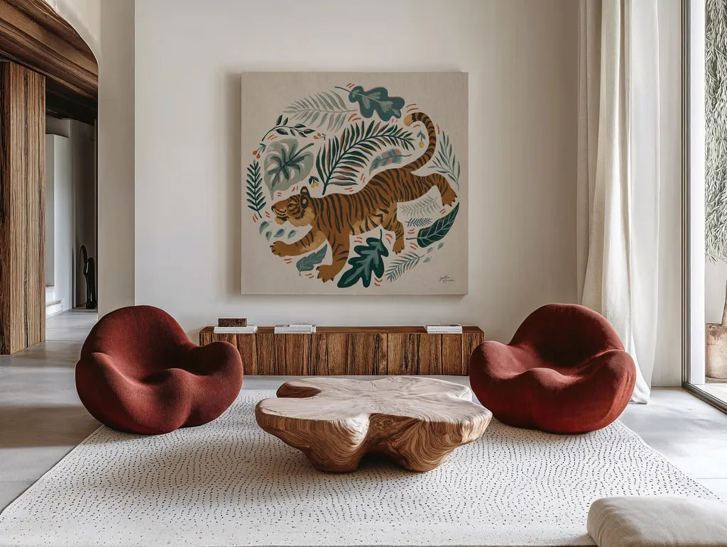 Big Cat Beauty VII by Janelle Penner. Shown as extra-large giant wall art in a modern living room. Available as an archival giclee rolled canvas, fine art paper, or poster print. SKU 64888a.