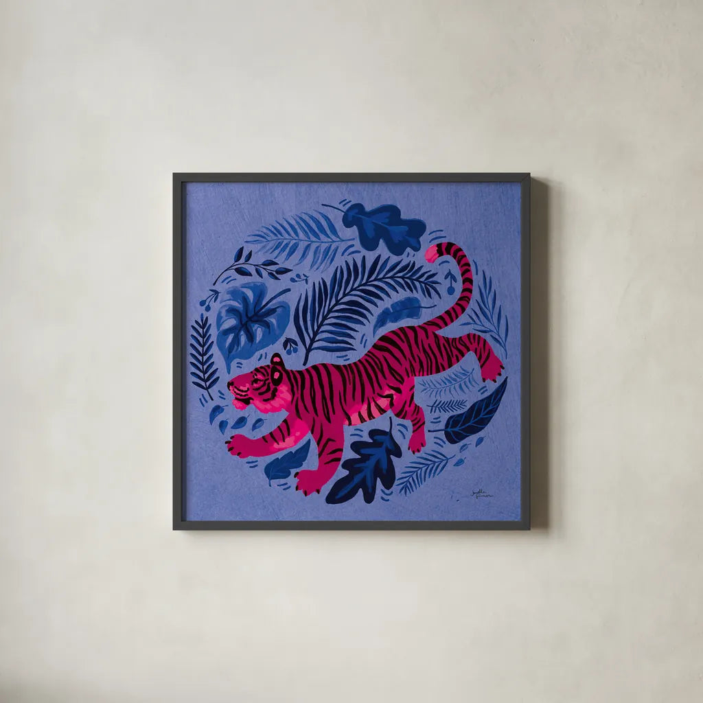 Big Cat Beauty VII Bright by Janelle Penner. Shown in a sleek black glass frame for a contemporary gallery look. Available as an archival giclee rolled canvas, fine art paper, or poster print. SKU 89198a.