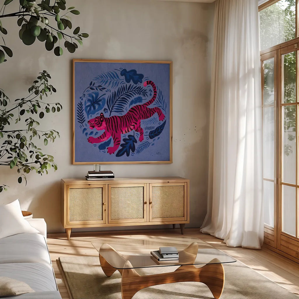 Big Cat Beauty VII Bright by Janelle Penner. Shown in a natural wood frame in a cozy modern living room. Available as an archival giclee rolled canvas, fine art paper, or poster print. SKU 89198a.